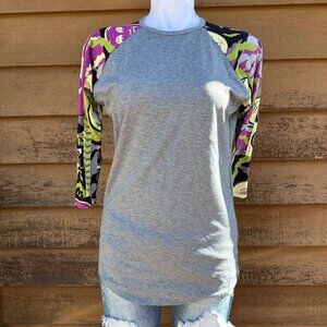 Raglan Style Grey Shirt With Halloween-Themed Graphic Sleeves & 3/4 Length Desig